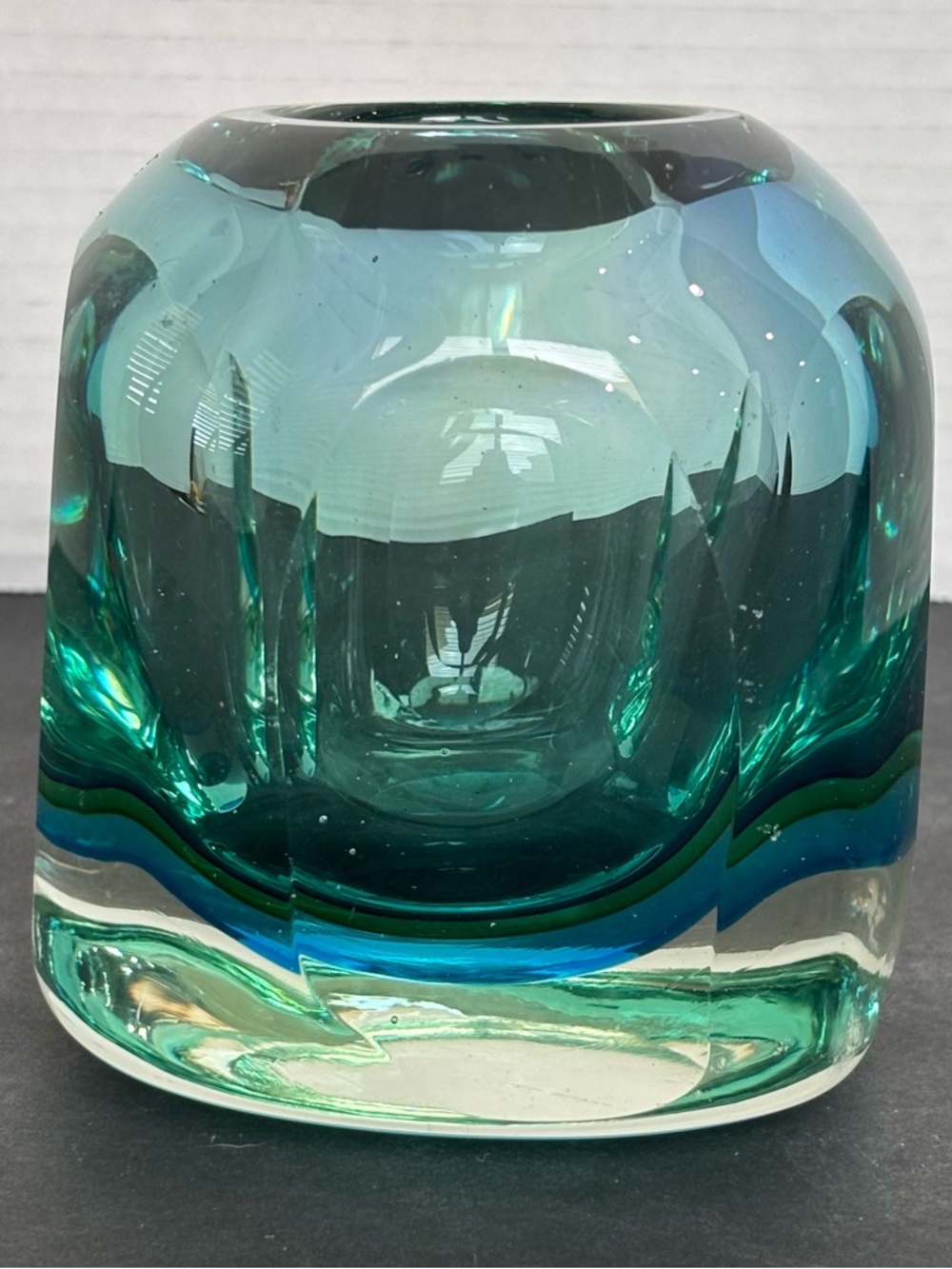 Murano Style Sommerso Art Glass Vase/Candle Teal Blue Heavy Glass Hand Blown4.5” - Picture 1 of 15